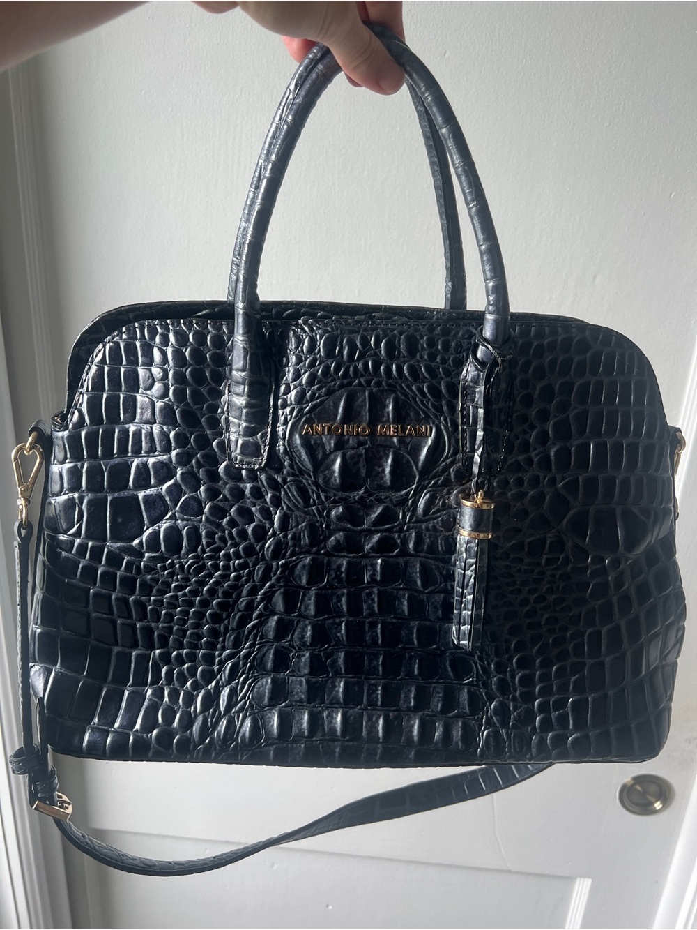 ANTONIO MELANI unique blue /Black Croc-Embossed Satchel with Detachable Strap - Picture 3 of 11